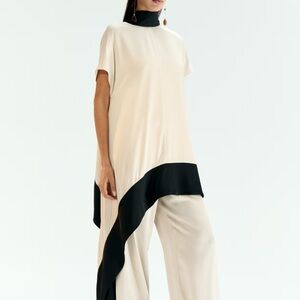 H&M Cream Tunic with Black Contrast Panel and Wide-Leg Pants